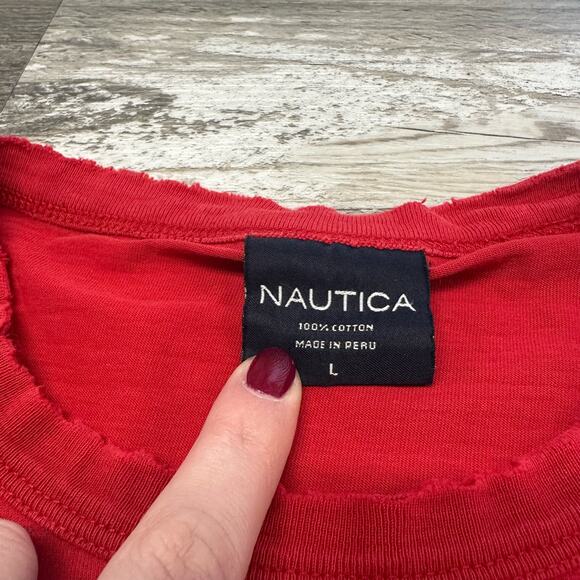 Vintage Nautica  T-Shirt Bright Red Mens L Brand Logo Spellout Flags Graphic 90s - Picture 4 of 10